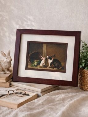 H. Baert Two Rabbits Framed Print Vintage Style Cottage Farmhouse Wall Art